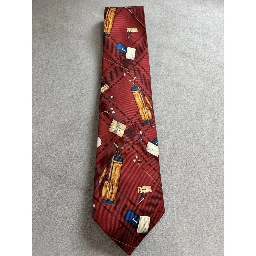 Vintage Lands End Silk‎ Novelty Golf Neck Tie Plaid Teacher USA Coach Preppy Dad
